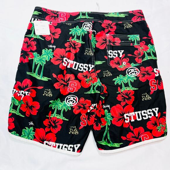 Vintage Stussy Aloha Nylon Shorts Men 34 Black Red Green Rare New With Tags - Picture 6 of 6